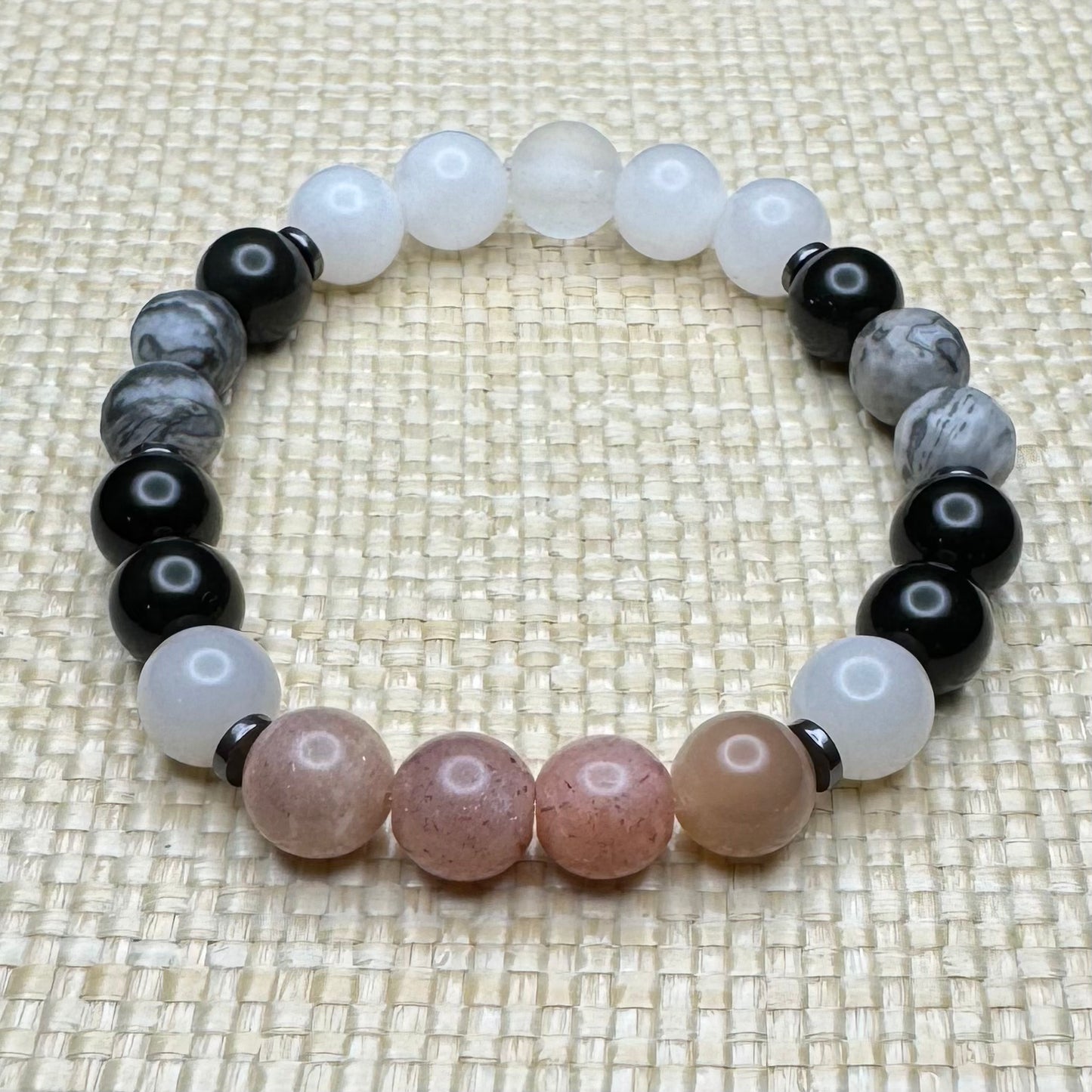 Map stone, obsidian, moonstone, white jade beaded bracelet