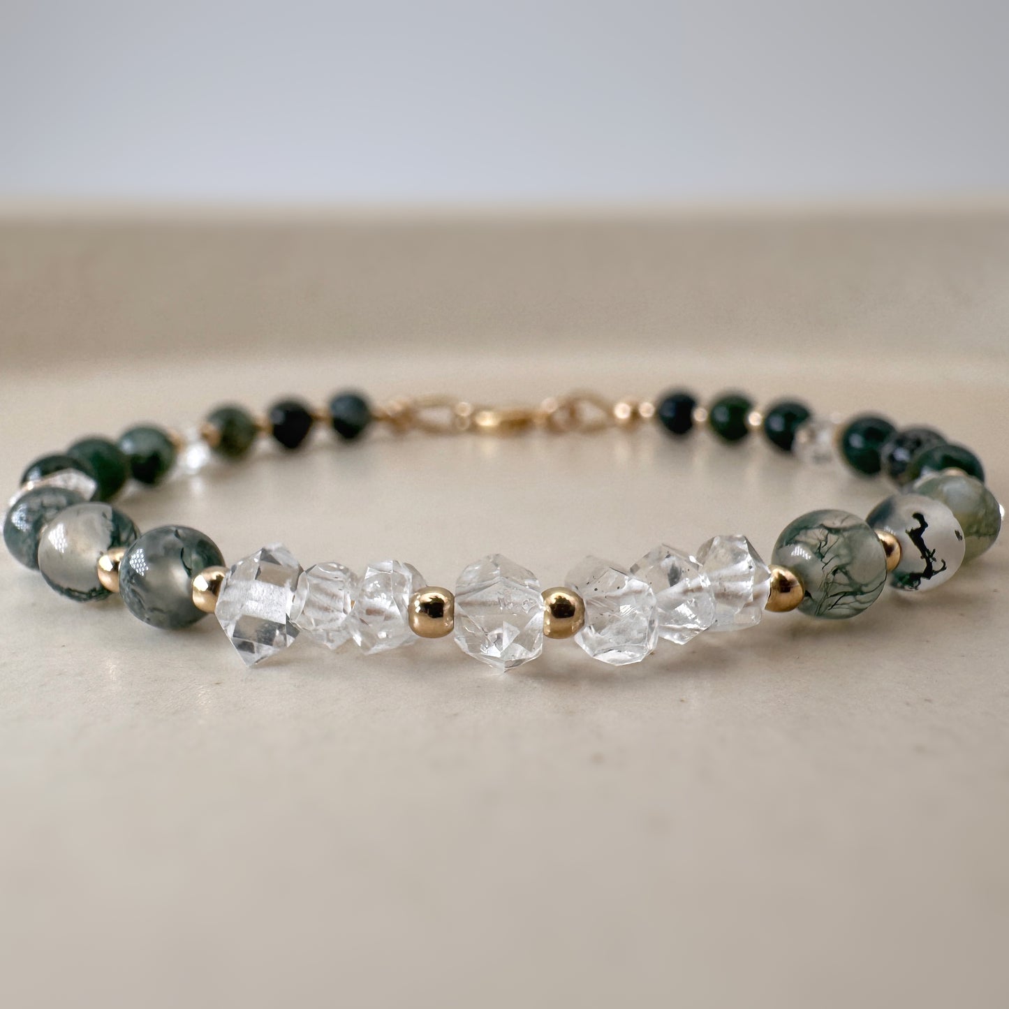 Moss Agate Herkimer Diamond Bracelet, 14k Gold Filled Gemstone, New Beginnings Healing Jewelry
