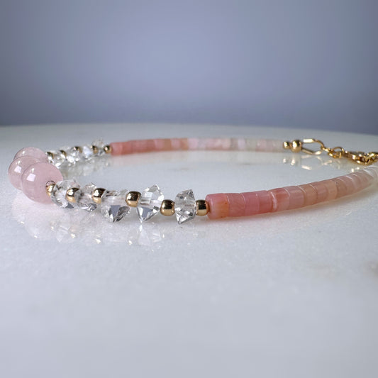 Morganite Pink Opal Herkimer Diamond Beaded Bracelet | Self Love Jewelry