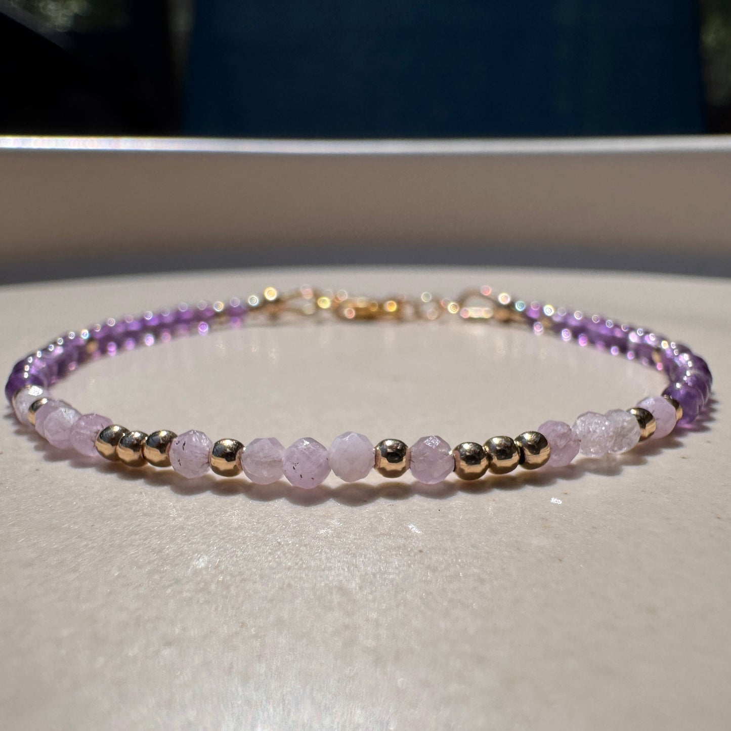 Kunzite Amethyst Bracelet, 14k Gold Filled Beads, Emotional Healing Gemstone Jewelry