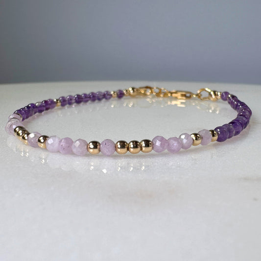 Kunzite Amethyst Bracelet, 14k Gold Filled Beads, Emotional Healing Gemstone Jewelry