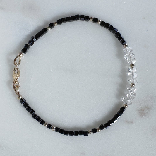 Black Tourmaline Herkimer Diamond Bracelet, 14k Gold Filled, Protection Grounding Clarity Jewelry