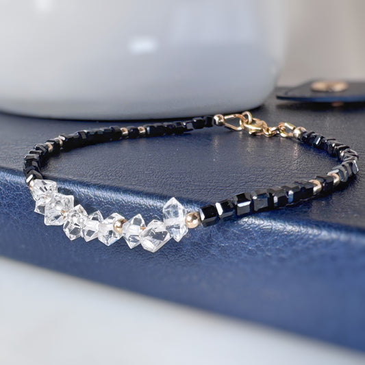 Black Tourmaline Herkimer Diamond Bracelet, 14k Gold Filled, Protection Grounding Clarity Jewelry