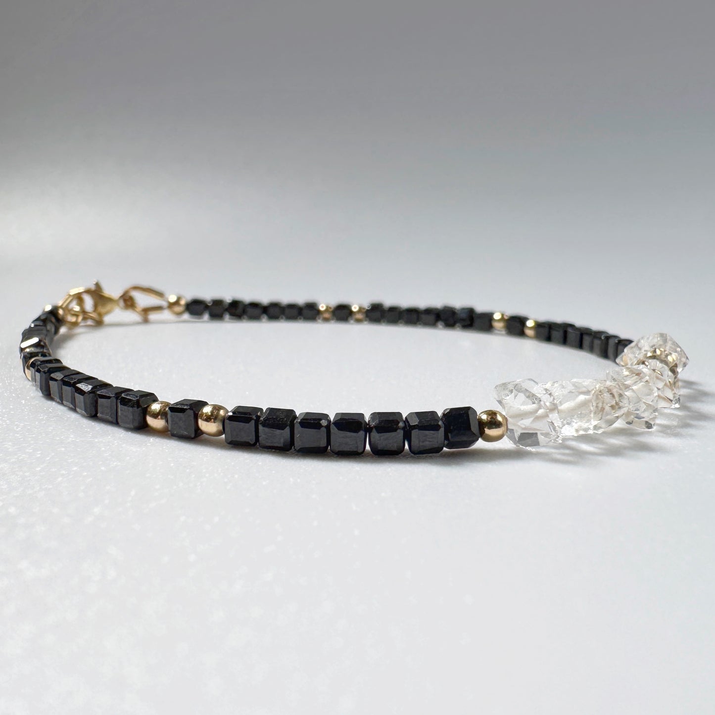 Black Tourmaline Herkimer Diamond Bracelet, 14k Gold Filled, Protection Grounding Clarity Jewelry
