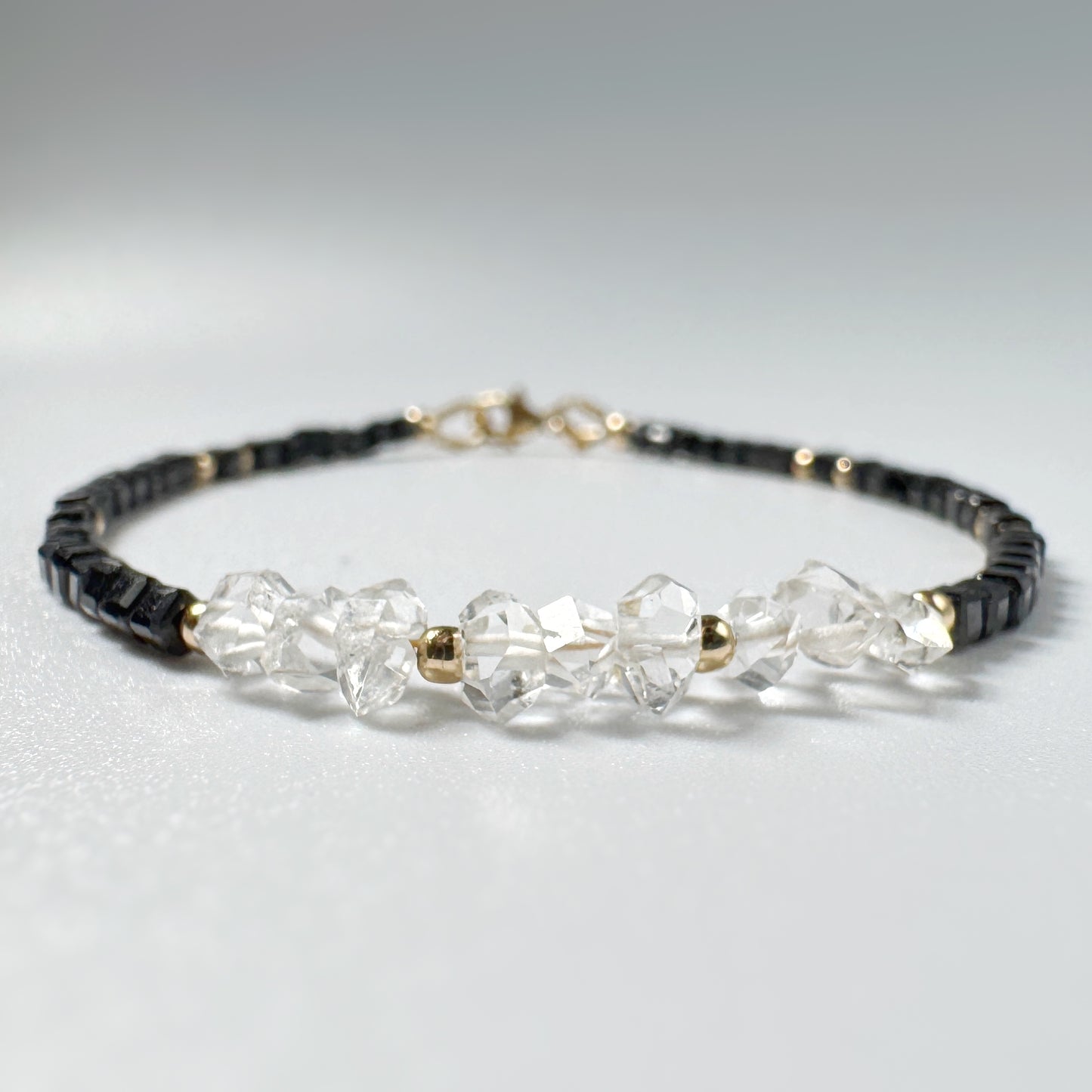 Black Tourmaline Herkimer Diamond Bracelet, 14k Gold Filled, Protection Grounding Clarity Jewelry