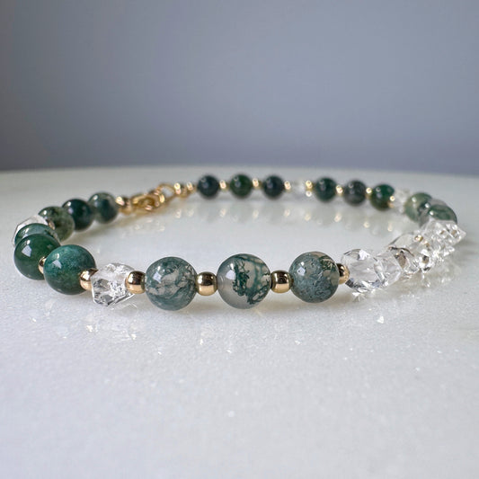 Moss Agate Herkimer Diamond Bracelet, 14k Gold Filled Gemstone, New Beginnings Healing Jewelry