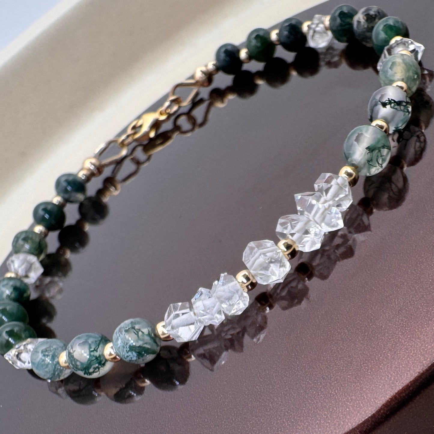 Moss Agate Herkimer Diamond Bracelet, 14k Gold Filled Gemstone, New Beginnings Healing Jewelry