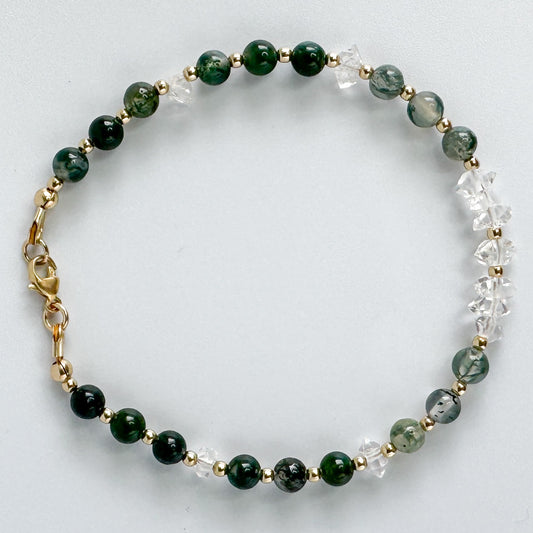 Moss Agate Herkimer Diamond Bracelet, 14k Gold Filled Gemstone, New Beginnings Healing Jewelry