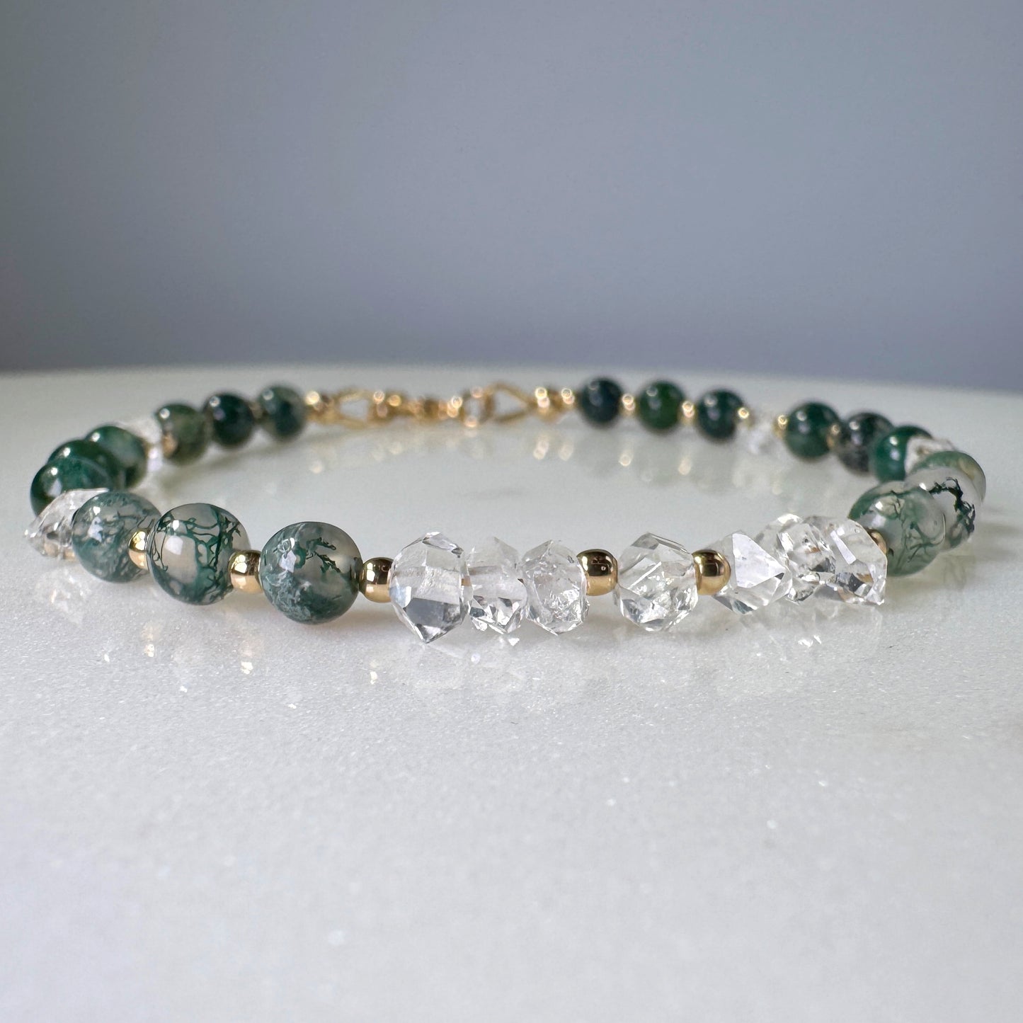 Moss Agate Herkimer Diamond Bracelet, 14k Gold Filled Gemstone, New Beginnings Healing Jewelry