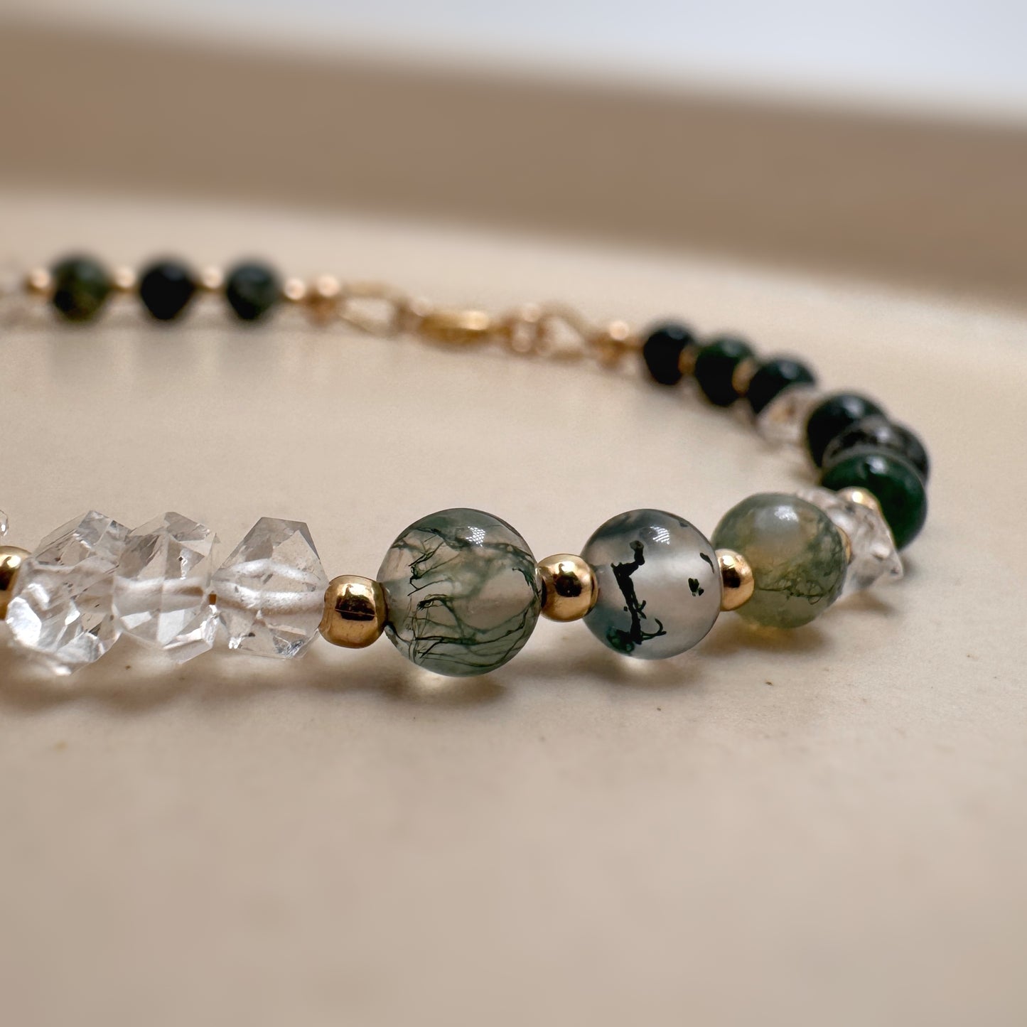 Moss Agate Herkimer Diamond Bracelet, 14k Gold Filled Gemstone, New Beginnings Healing Jewelry
