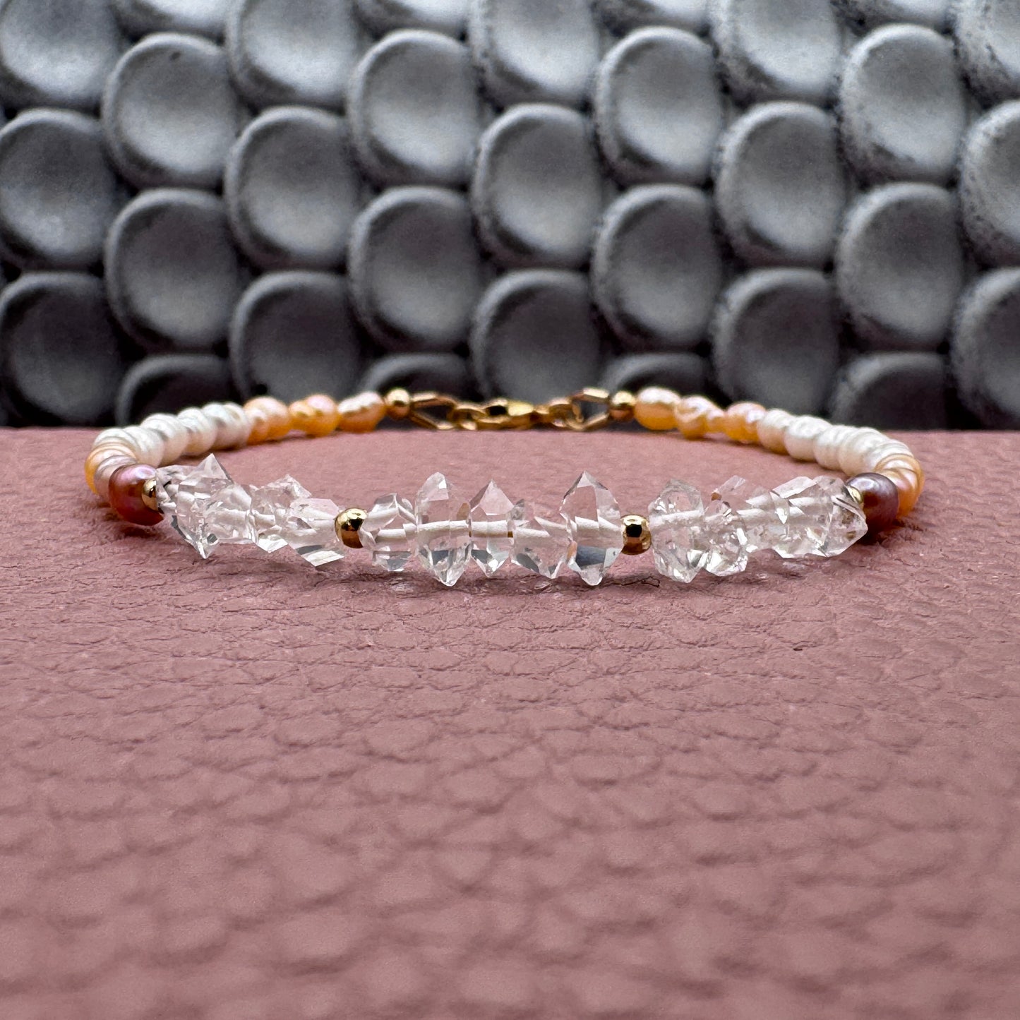 Freshwater Pearl Herkimer Diamond Bracelet, 14k Gold Filled, Serenity Purity Wisdom Jewelry
