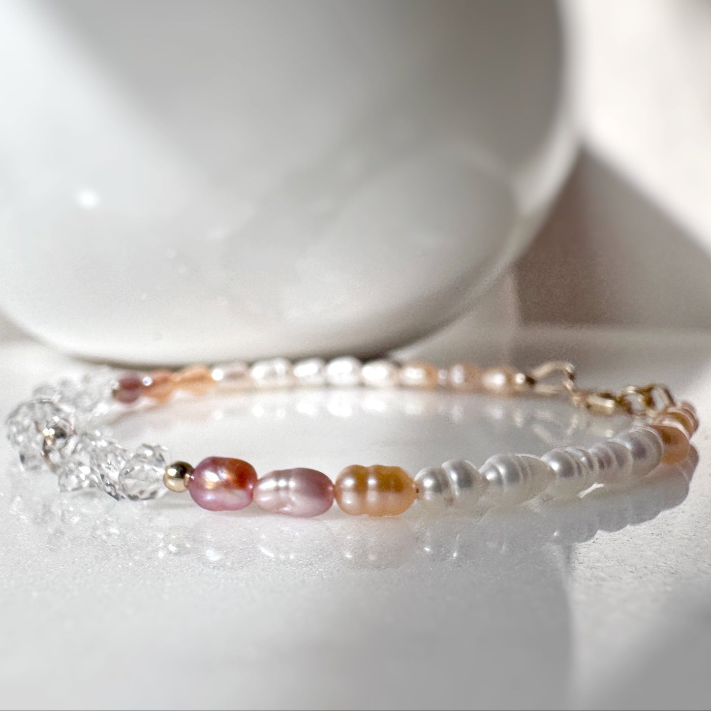 Freshwater Pearl Herkimer Diamond Bracelet, 14k Gold Filled, Serenity Purity Wisdom Jewelry