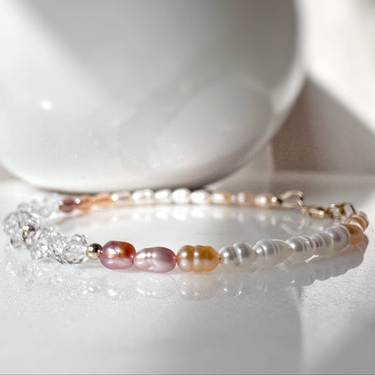 Freshwater Pearl Herkimer Diamond Bracelet, 14k Gold Filled, Serenity Purity Wisdom Jewelry
