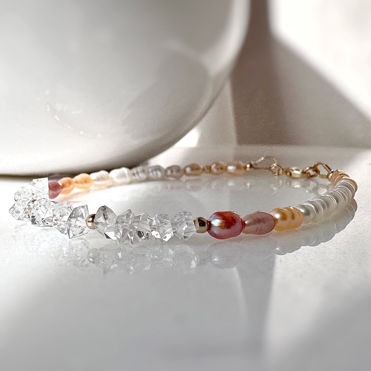 Freshwater Pearl Herkimer Diamond Bracelet, 14k Gold Filled, Serenity Purity Wisdom Jewelry
