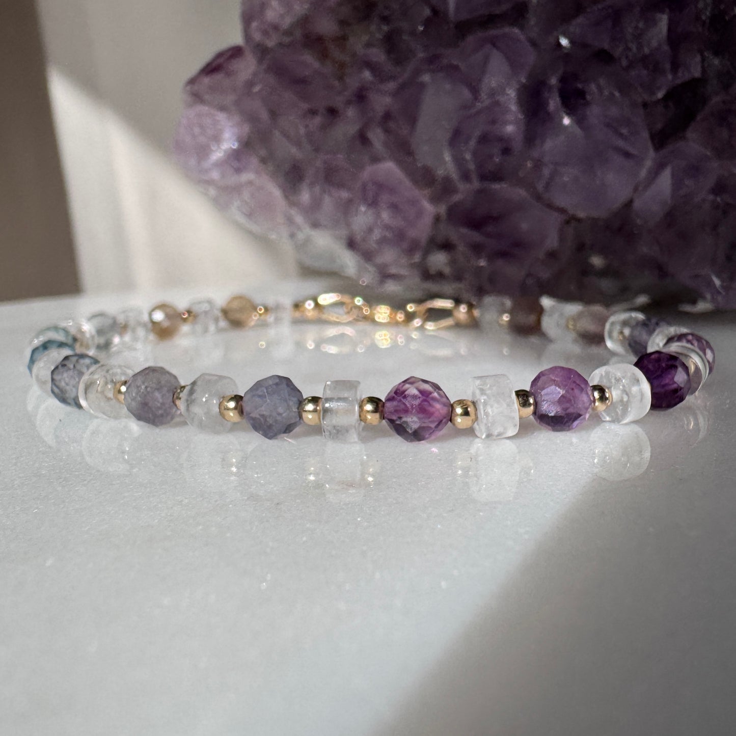 rainbow fluorite quartz beaded bracelet for focus and clarity with 14k gold filled accents