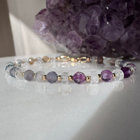 rainbow fluorite quartz beaded bracelet for focus and clarity with 14k gold filled accents