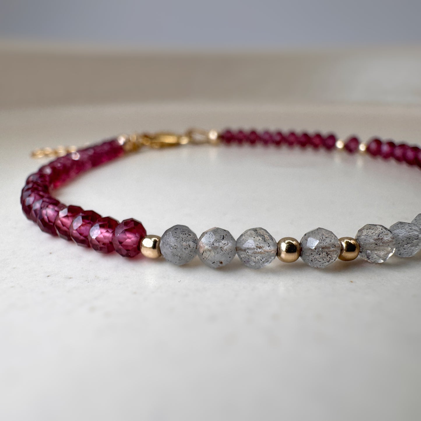 Rhodolite Garnet Labradorite Beaded Bracelet, 14k Gold Filled, Protection, Intuition, Transformation Jewelry