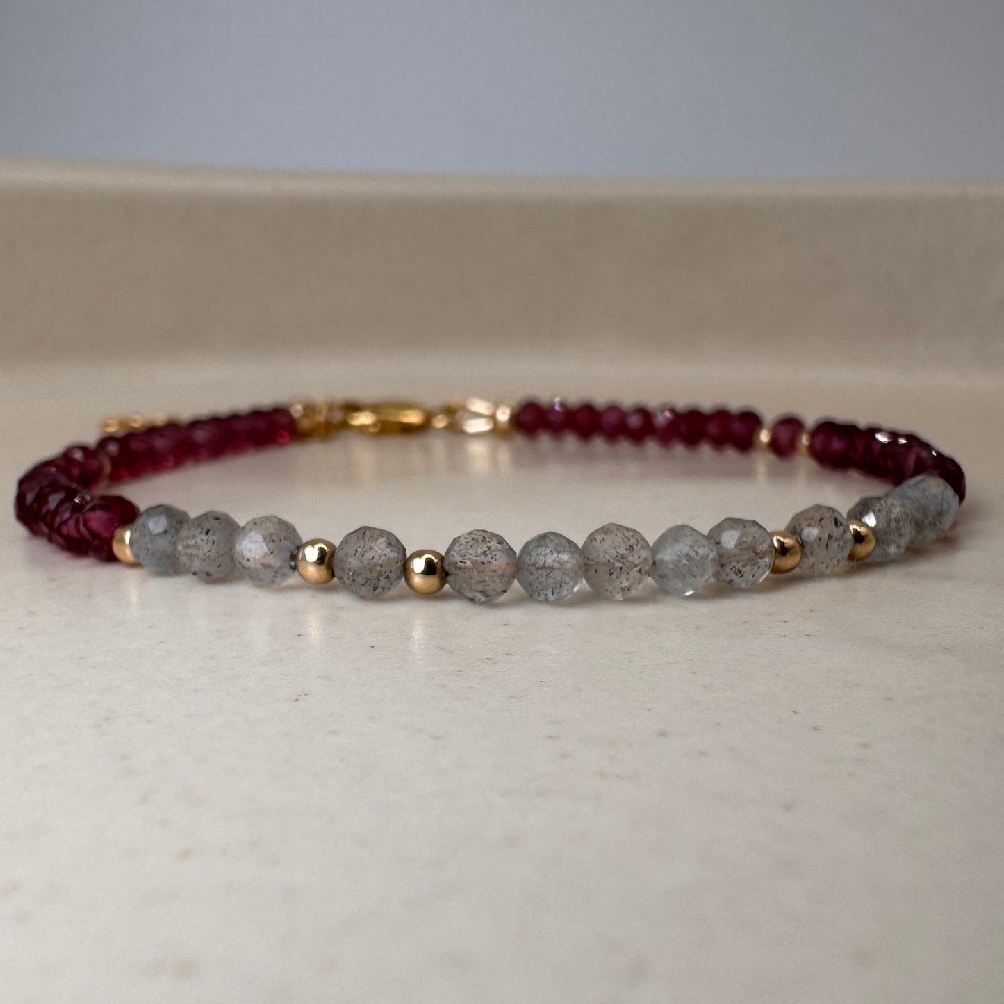 Rhodolite Garnet Labradorite Beaded Bracelet, 14k Gold Filled, Protection, Intuition, Transformation Jewelry