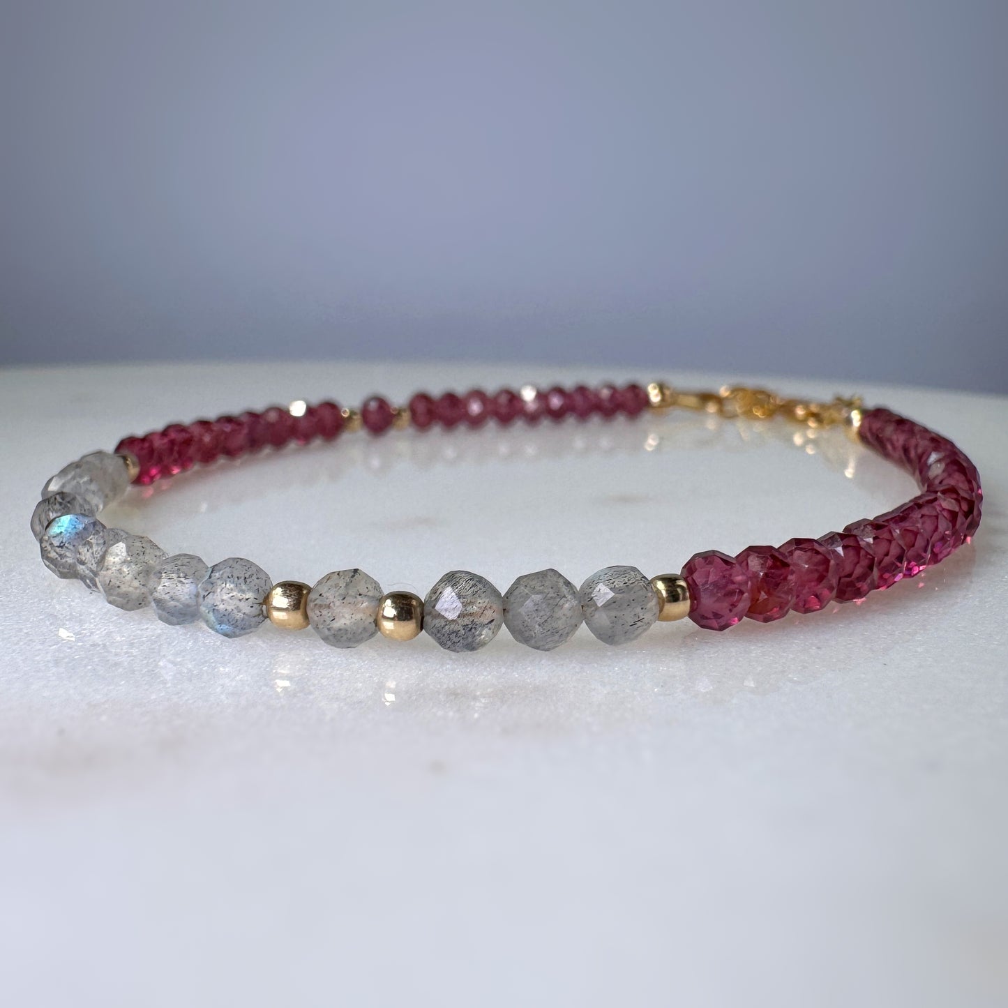 Rhodolite Garnet Labradorite Beaded Bracelet, 14k Gold Filled, Protection, Intuition, Transformation Jewelry